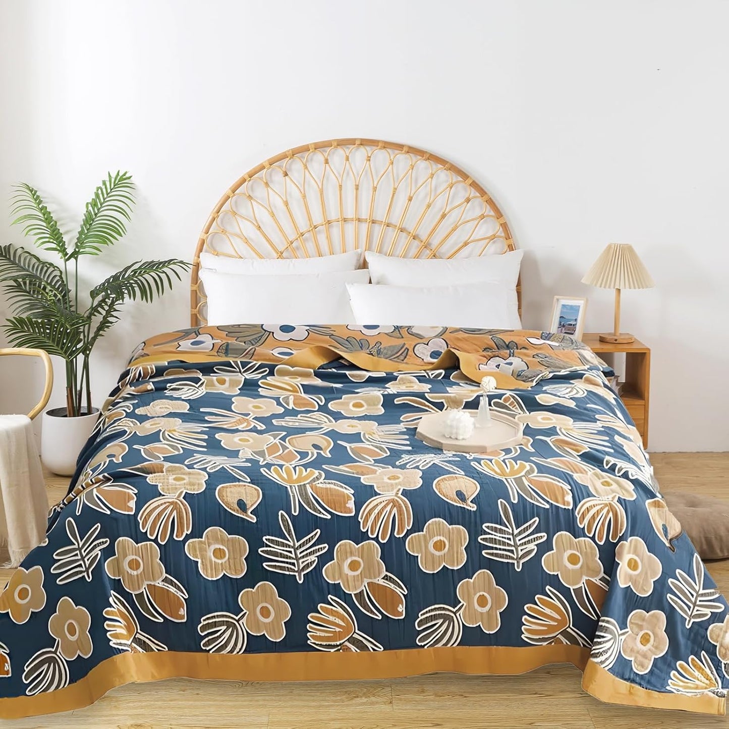 Boho Throw Blanket for Bed - 100% Pure Cotton Ultra Soft Rustic Quilt - Farmhouse Decor Bed Blankets, All Season Rustic Throw for Sofa Couch Chair(91''x 98'', Floral)