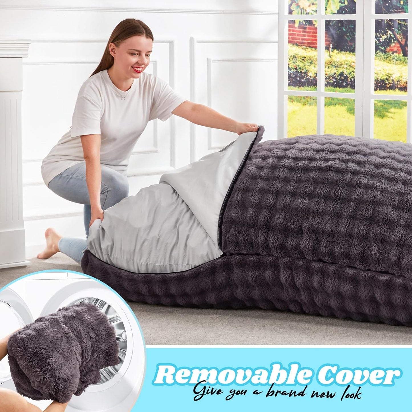 Hobestluk 3 in 1 Bean Bag Chair Giant Bean Bag Chairs for Adults with Bubble Cover Convertible Bean Bag Floor Cushion with Machine Washable Cover for Living Room (Bubble Dark Grey)