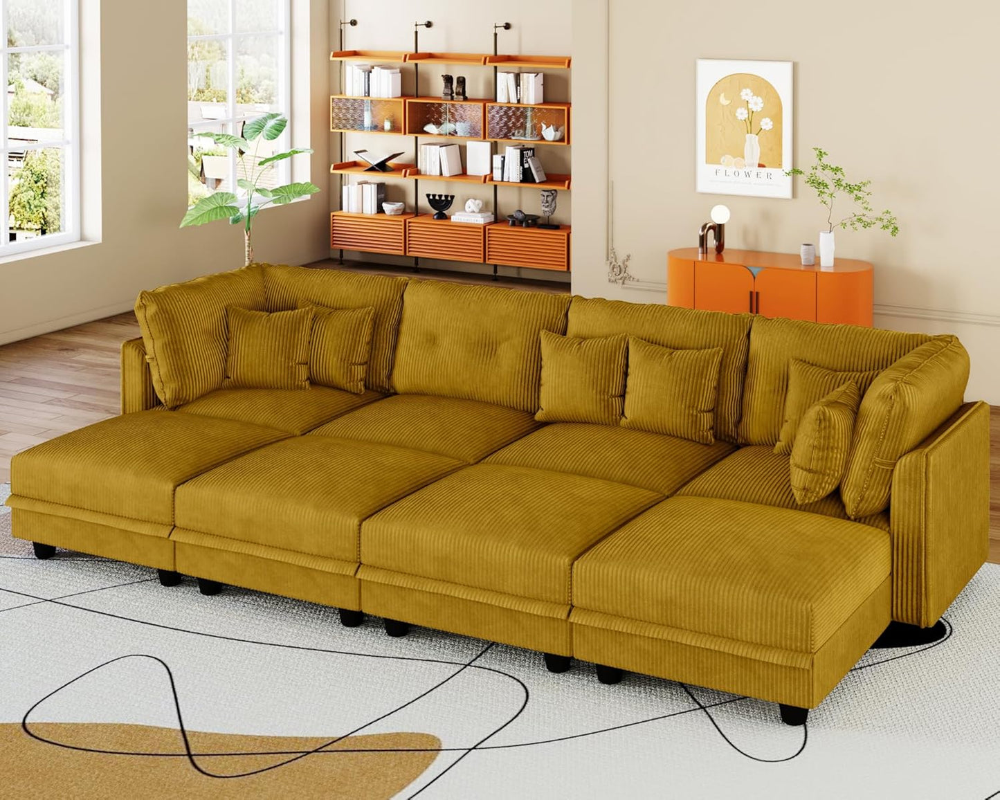 LLappuil Modular Sectional Sofa with Storage Seats, Corduroy Convertible Modular U Shaped Sectional Couch for Living Room, 8 Seat Oversized Sofa with 6 Back Cushion 6 Throw Pillow, Yellow