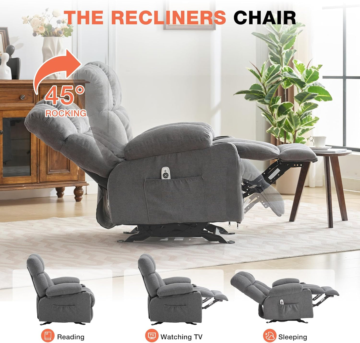 Massage Rocker Recliner Chair with Heat, Ergonomic Overstuffed Reclining Lounge Chair with Side Pockets, USB Charging Port, Sturdy Metal Frame, Comfortable Modern Design for Living Room