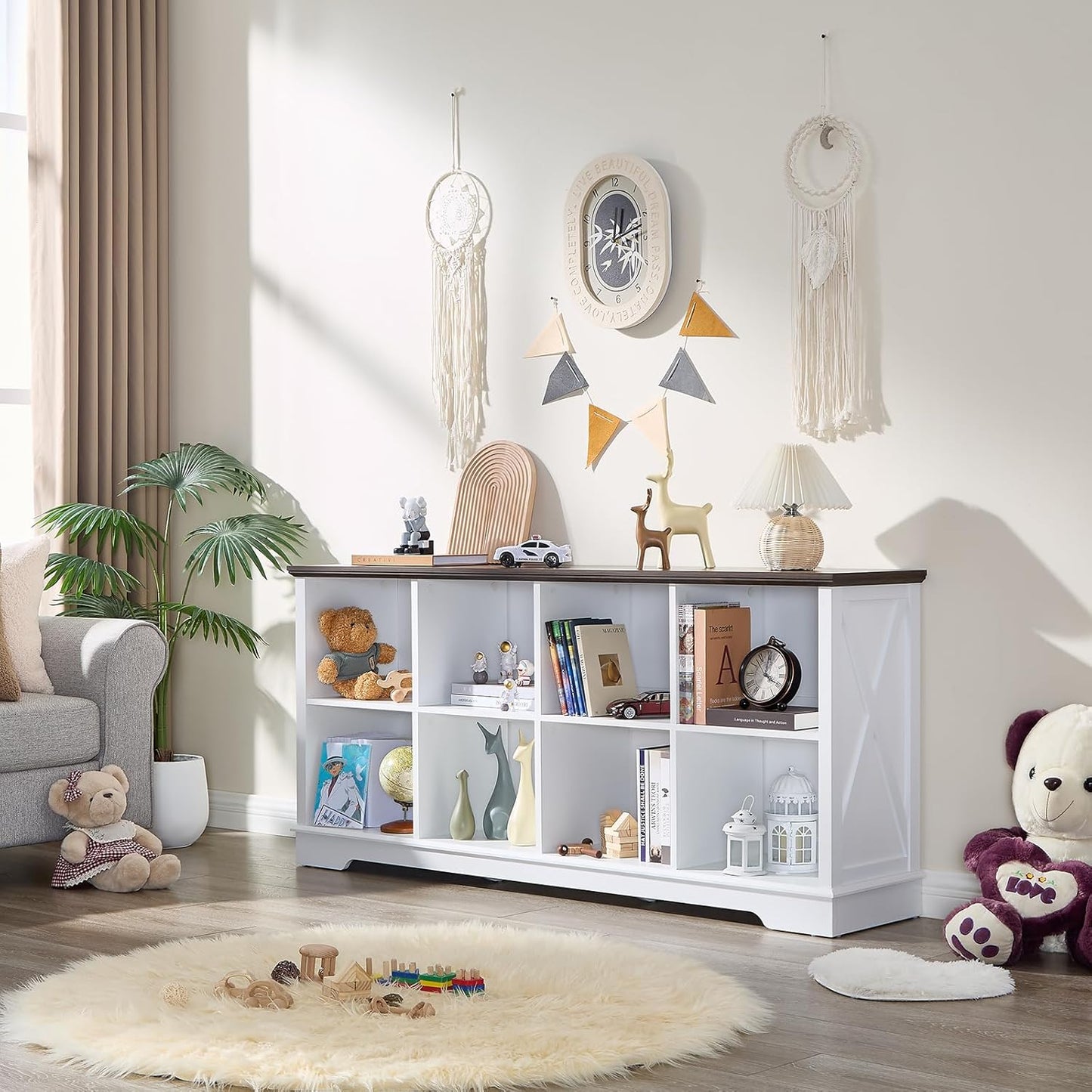 Farmhouse 8 Cube Bookshelf, White Storage Organizer Bookcase, Kids Toy Storage Cabinet, Long Bookshelves Storage Organizer Shelf, Wood Display Cabinet Book Shelves for Bedroom,Living Room,Office