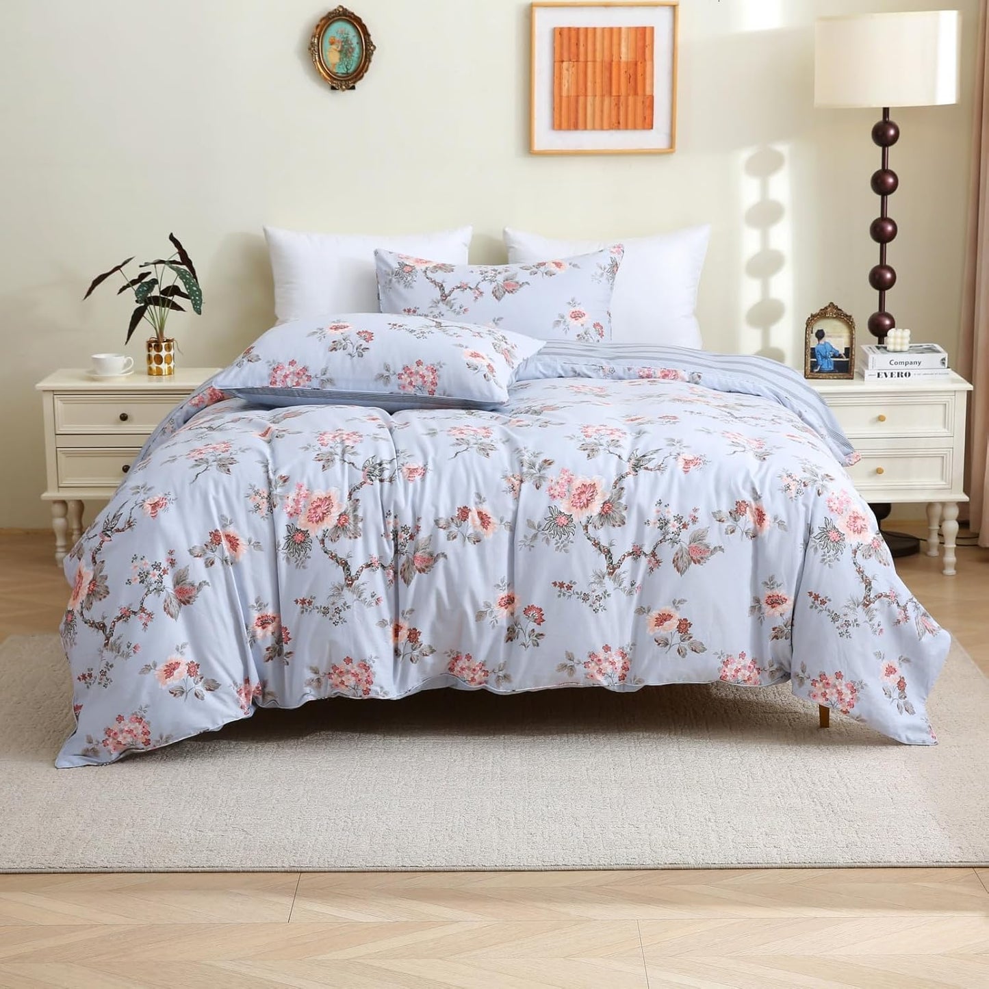 ABREEZE Floral Duvet Cover King Size Set Bird Flowers Bedding Set 100% Brushed Cotton Bedding Collection 1 Duvet Cover with 2 Pillowcases Grey