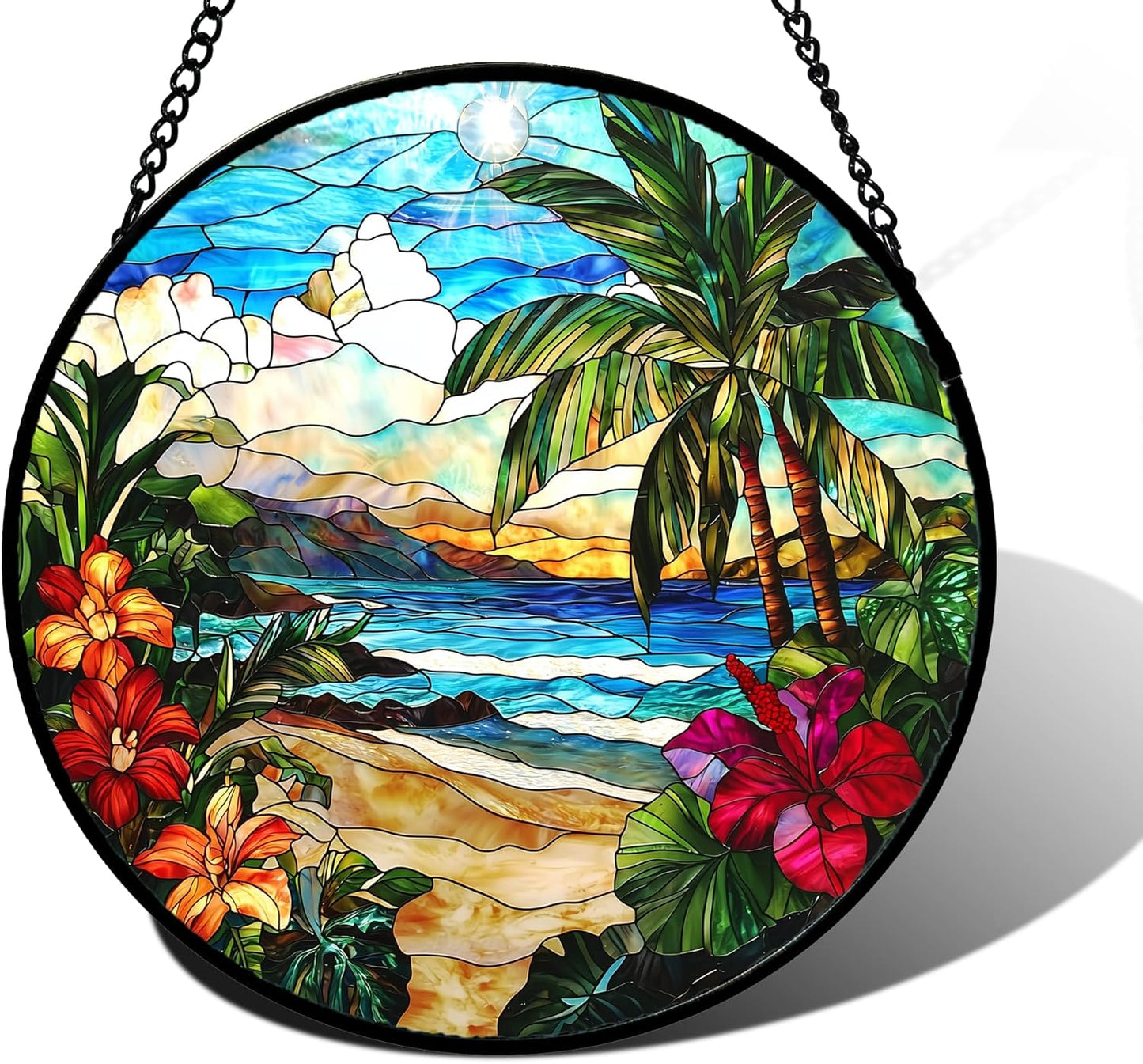 Stained Glass Window Hanging, Blue Beach Scenery Suncatcher Diamond Glass Panel Hangings Sun Catchers Decor for Birthday for Women, Men, Wife, Aunt, and Mom 7.8 in