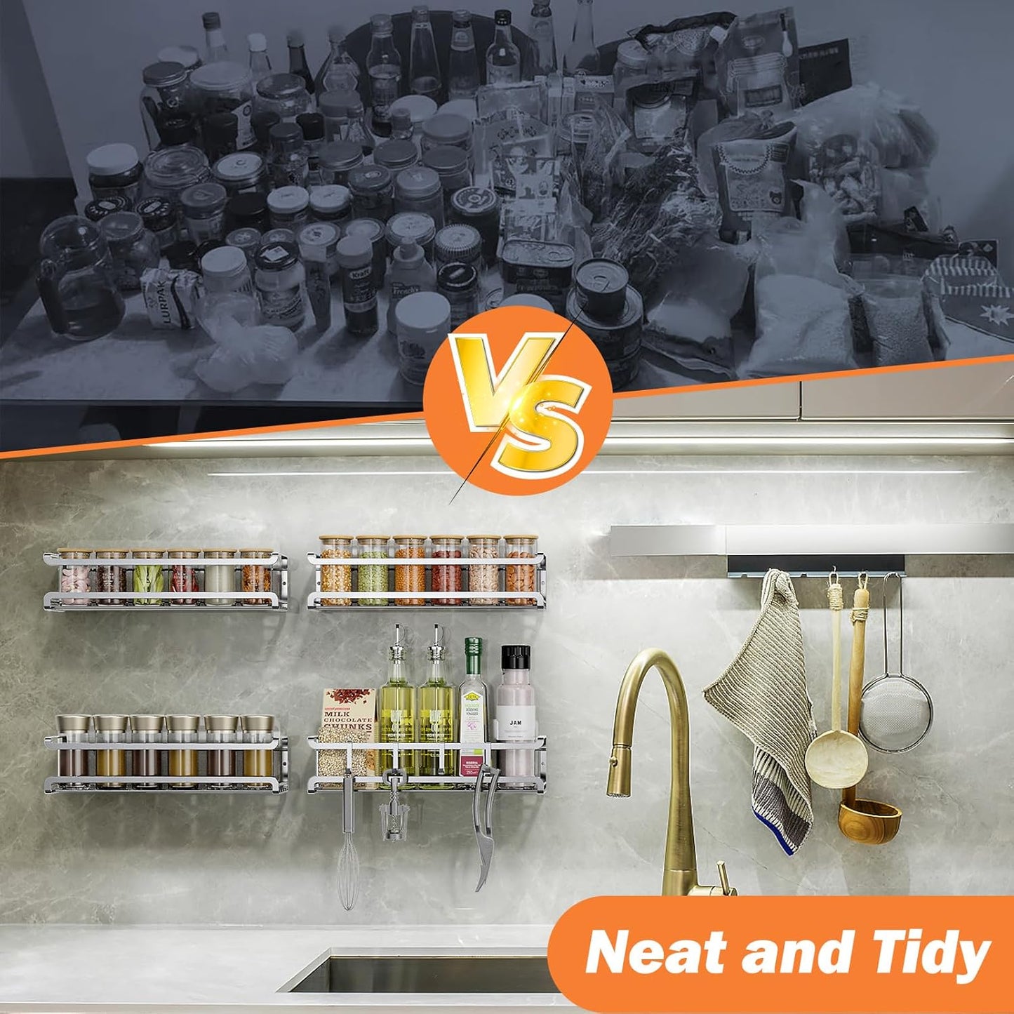 Spice Rack wall mounted 2 Pack, Space-Saving Spice Organizer for Spice Jars and Seasonings,Screw or Adhesive Hanging Spice Rack Organizer for Your Kitchen Cabinet,or Pantry Door,Silver