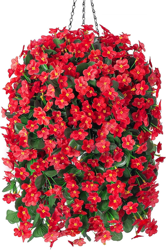 Artificial Fake Red Hanging Flowers Plants Basket for Outdoor Outside Winter Christmas Decor, Faux Silk Look Real UV Resistant Orchid for Fall Porch Garden Yard Patio Home