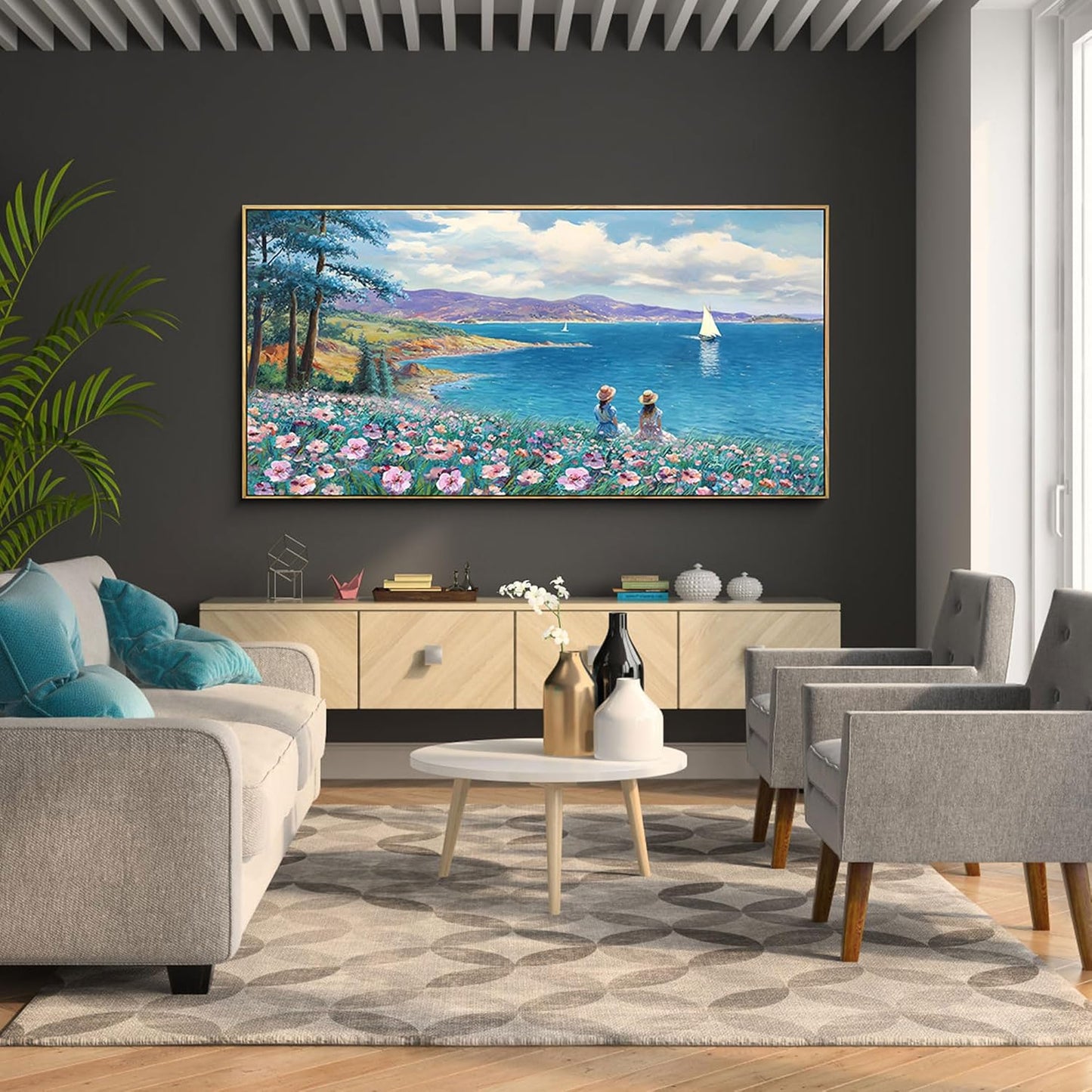 XLSJERST Large Landscape Wall Art - Blue Ocean Pink Flower Sailboat Mountain Tree Decor Orange Frame Artwork for Wall Large Picture for Living Room Bedroom Home Office Wall Decoration Size 24x48