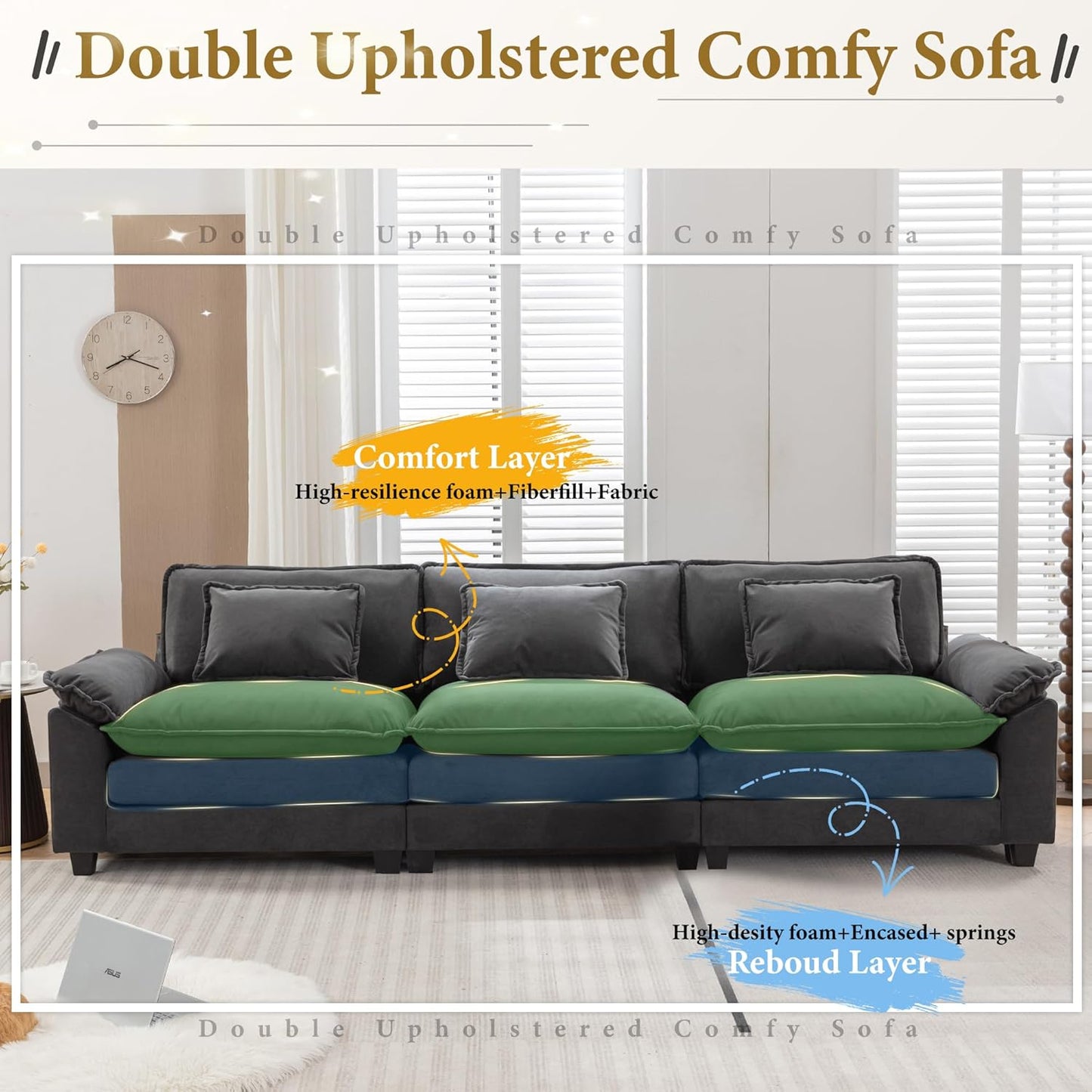 URRED Modular Sectional Sofa Comfy Cloud Couch, Modern Velvet Sofa Sleeper Deep Seat Couches with Ottoman/Pillows for Living Room (Dark Gray, 117'')