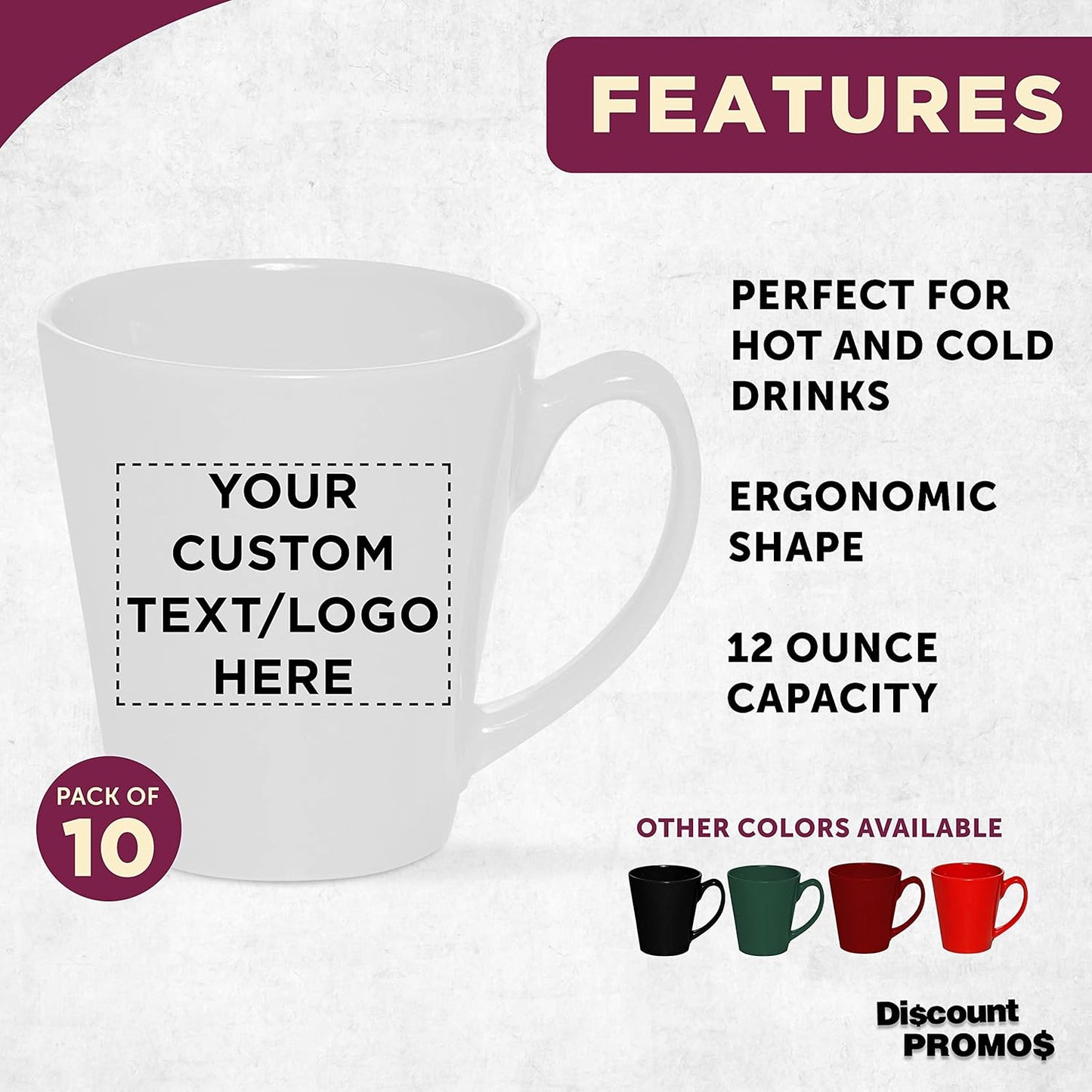 DISCOUNT PROMOS Custom Glossy Ceramic Latte Coffee Mug 12 oz. Set of 10, Personalized Bulk Pack - Perfect for Tea, Espresso, Cappuccino, Hot Cocoa - White