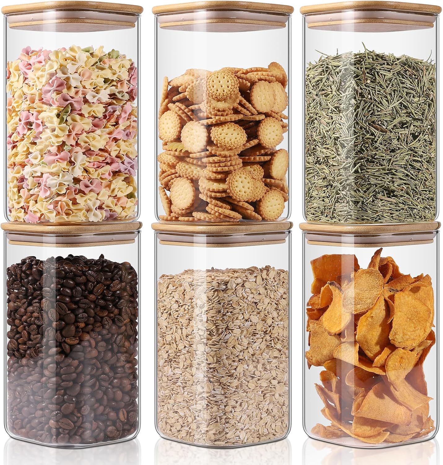 Glass Storage Jars 6 Pack -50oz (10cmx20cm)Clear Glass Food Storage Containers with Airtight Bamboo Lid Stackable Kitchen Canisters for Candy,Cookie,Rice,Sugar,Flour,Pasta,Nuts and Spice Jars(Square)