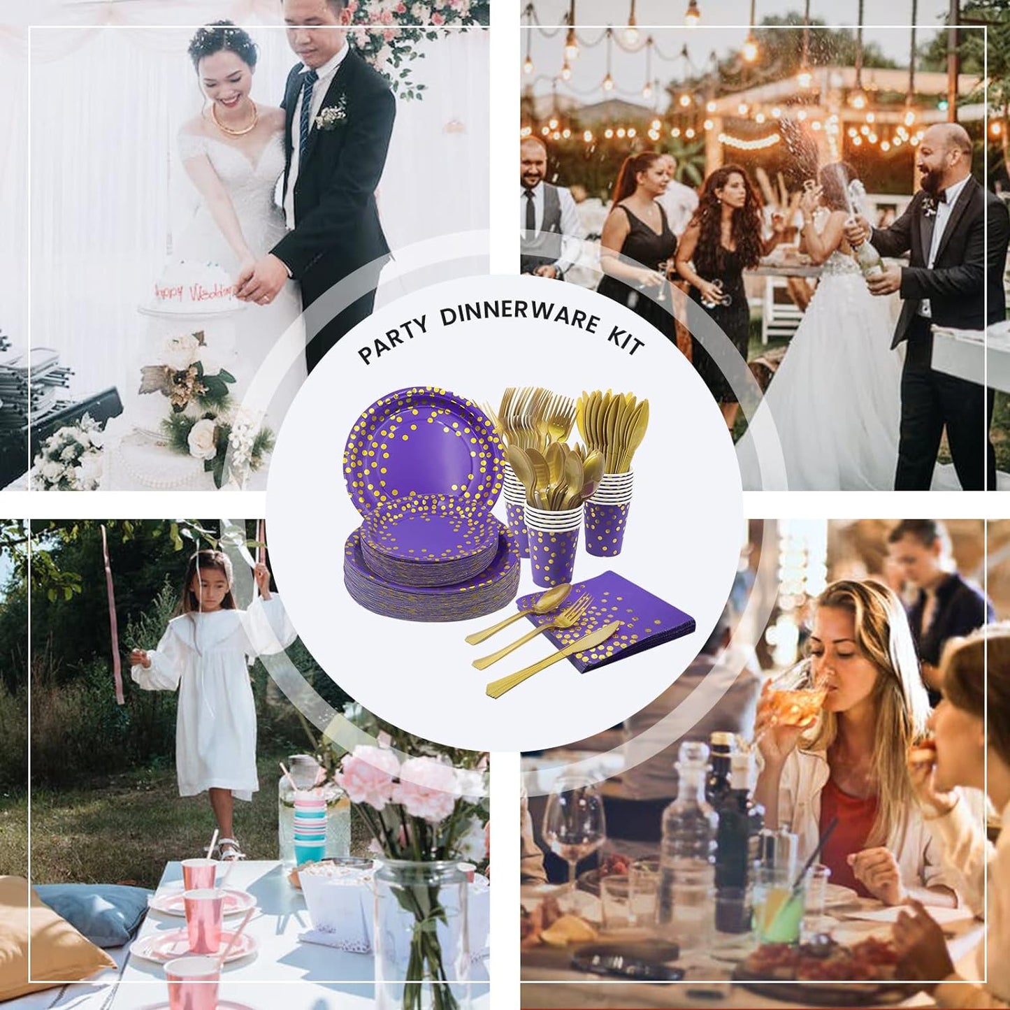 AIRE 175PCS Purple Gold Paper Plates Party Supplies for 25 Guests Party Decorations Disposable Dinnerware Paper Plates Cups Napkins Gold Plastic Forks Knives Spoons for Birthday Baby Shower Wedding