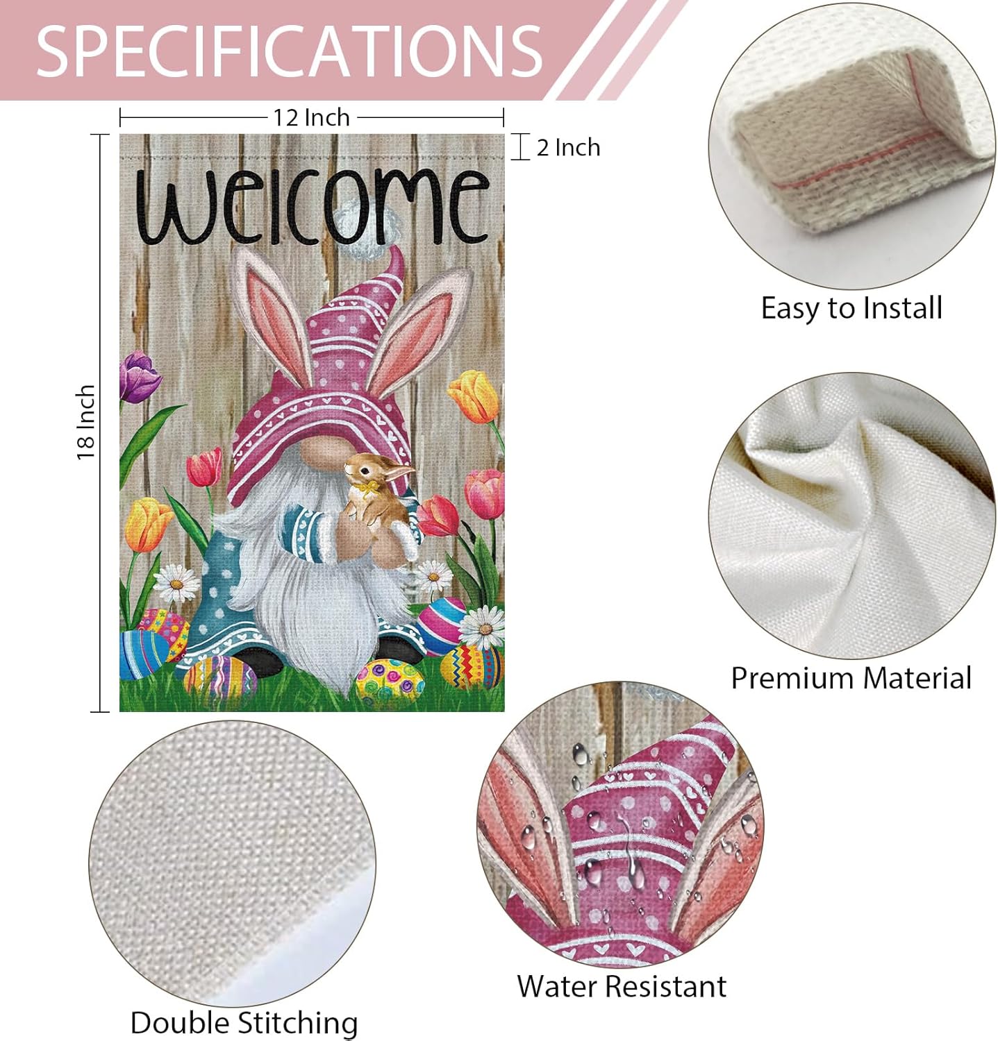 Welcome Easter Gnome Garden Flag 12x18 Double Sided Burlap, Funny Bunny Floral Small Yard Flag Banner for Holiday Farmhouse Outdoor Decor (ONLY FLAG)