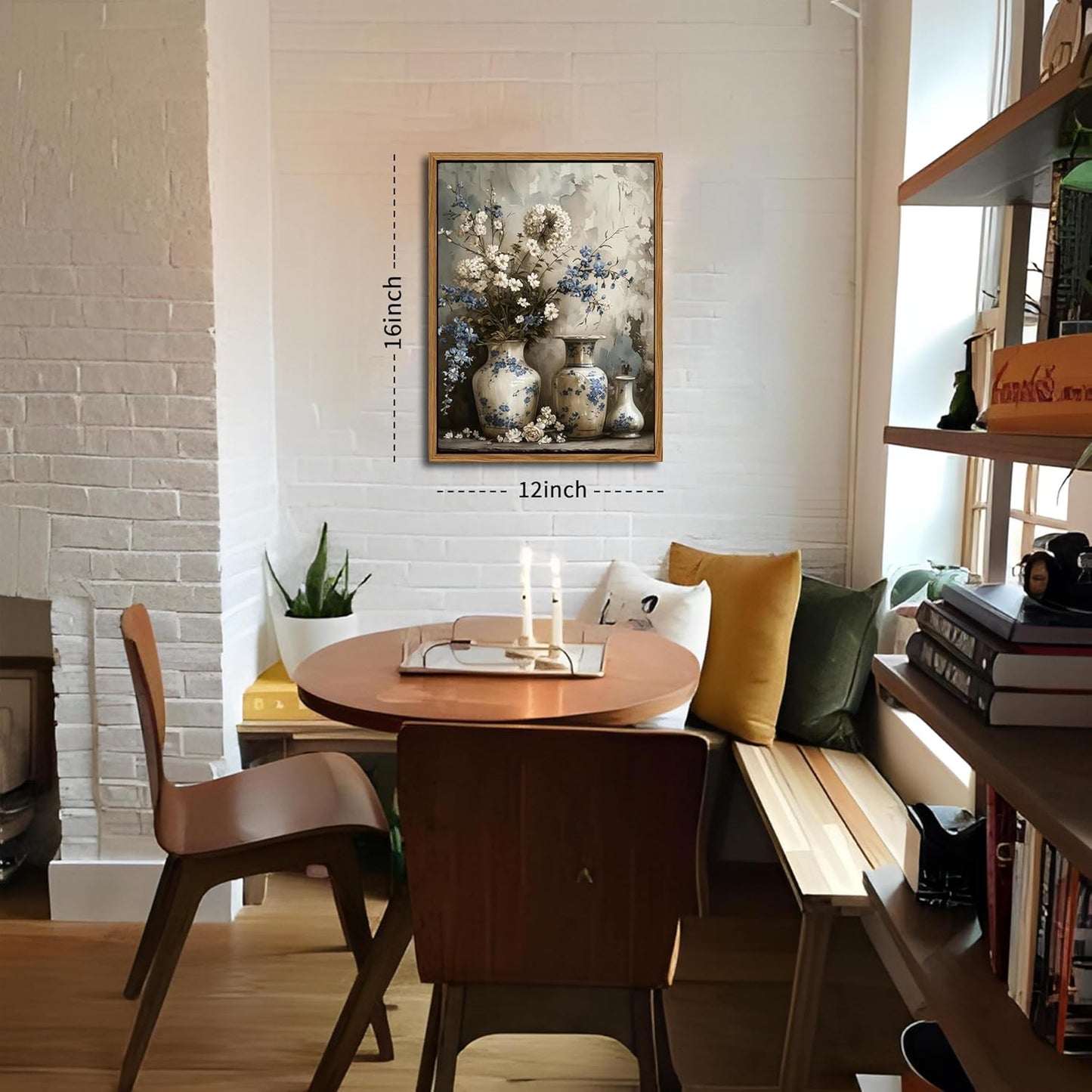 Floating Framed Farmhouse Floral Canvas Wall Art, Vintage Blue and White Flower Pictures Wall Decor, Elegant Art Jar Posters Print for Living Room Bedroom Bathroom Rustic Decor 12x16 inch