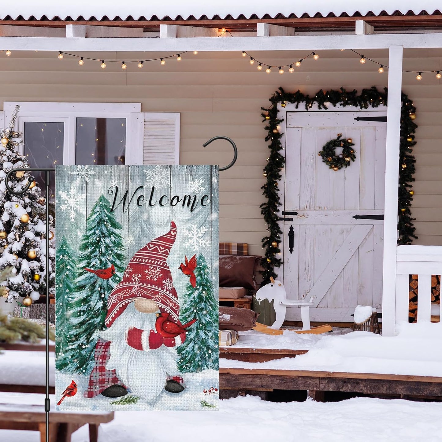 Heyfibro Welcome Christmas Garden Flag Winter Gnome Garden Flags 12x18 Double Sided Burlap Cardinals Snowflakes Snow Garden Yard Flags for Seasonal Outside Outdoor House Decoration (ONLY FLAG)