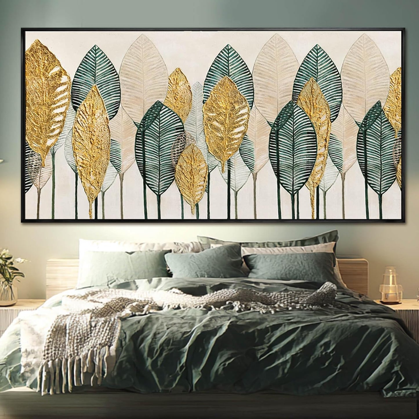 Contemporary Framed Wall Art Green and Gold Wall Decor Leaves Wall Prints Line Wall Posters 29"x58" Living Room Decorations Kitchen Art