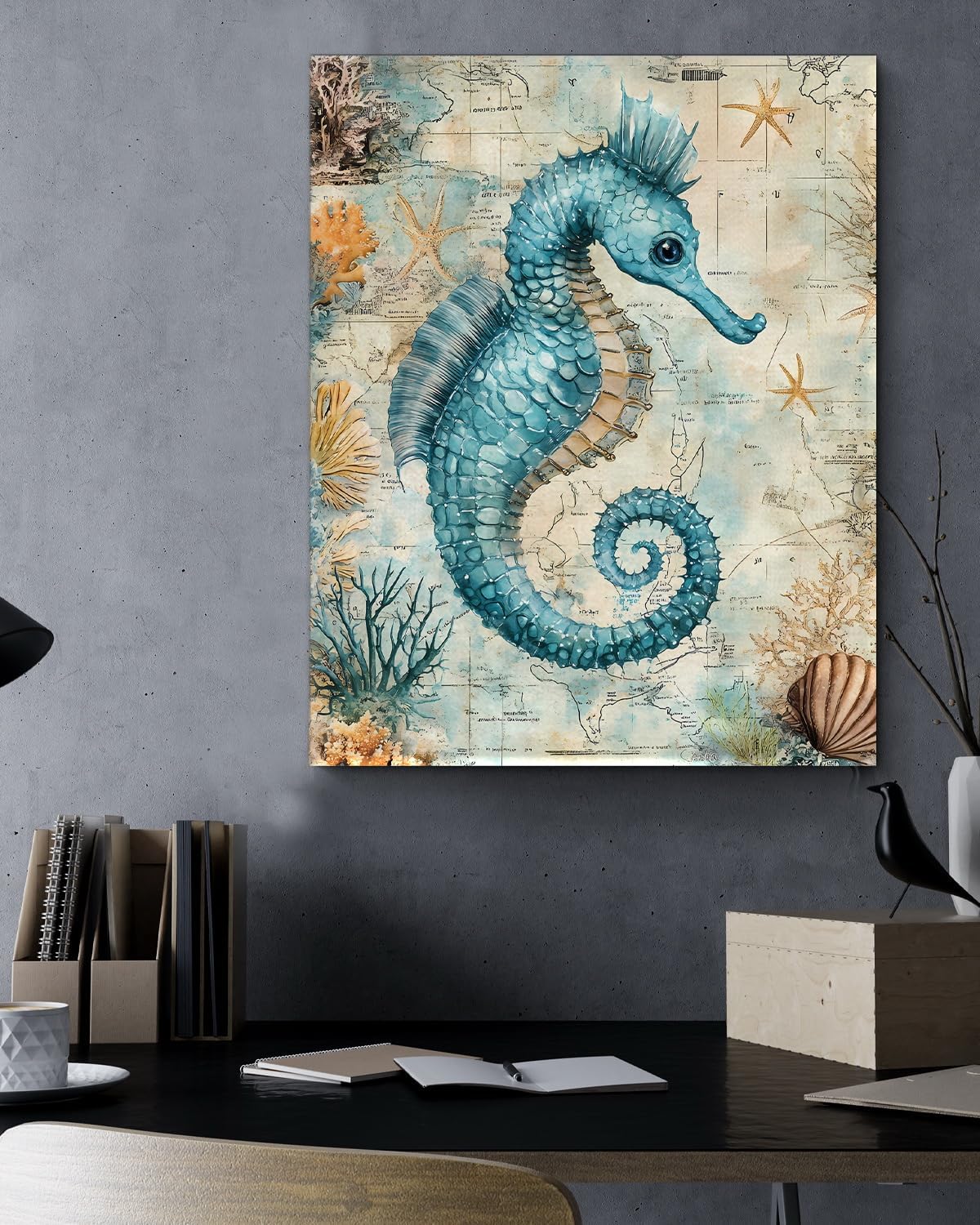 Nautical Seahorse Canvas Wall Art Sea Horse Ocean Theme Print Poster Coastal Framed Picture Painting for Home Beach House Bedroom Wall Decor 8x10 Inch