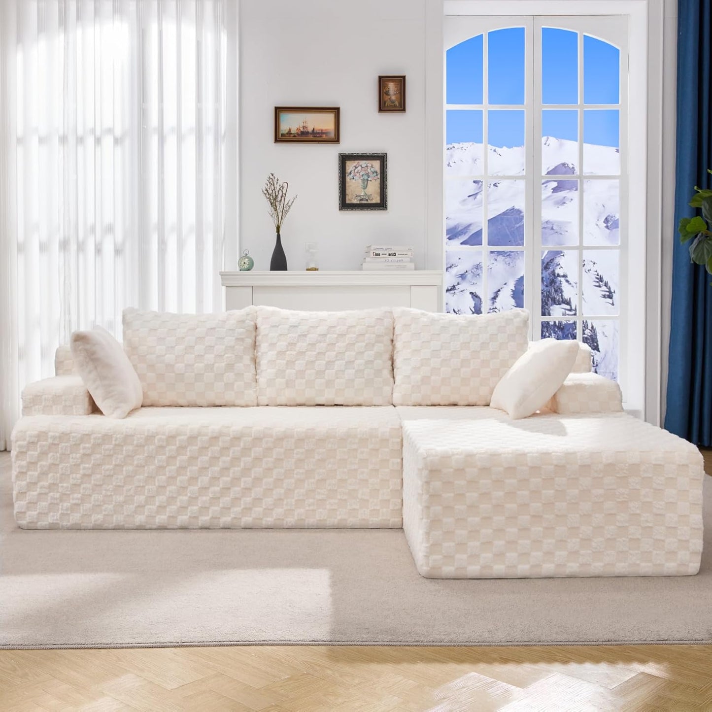 Hobestluk 96“ Modular Sectional Sofa Couches L-Shape Couch 3 Seat Modular Sofa Memory Foam Sectional Couches for Living Room, Cloud Couch with Oversized Chaise (White, Checked (Right Facing Chaise))