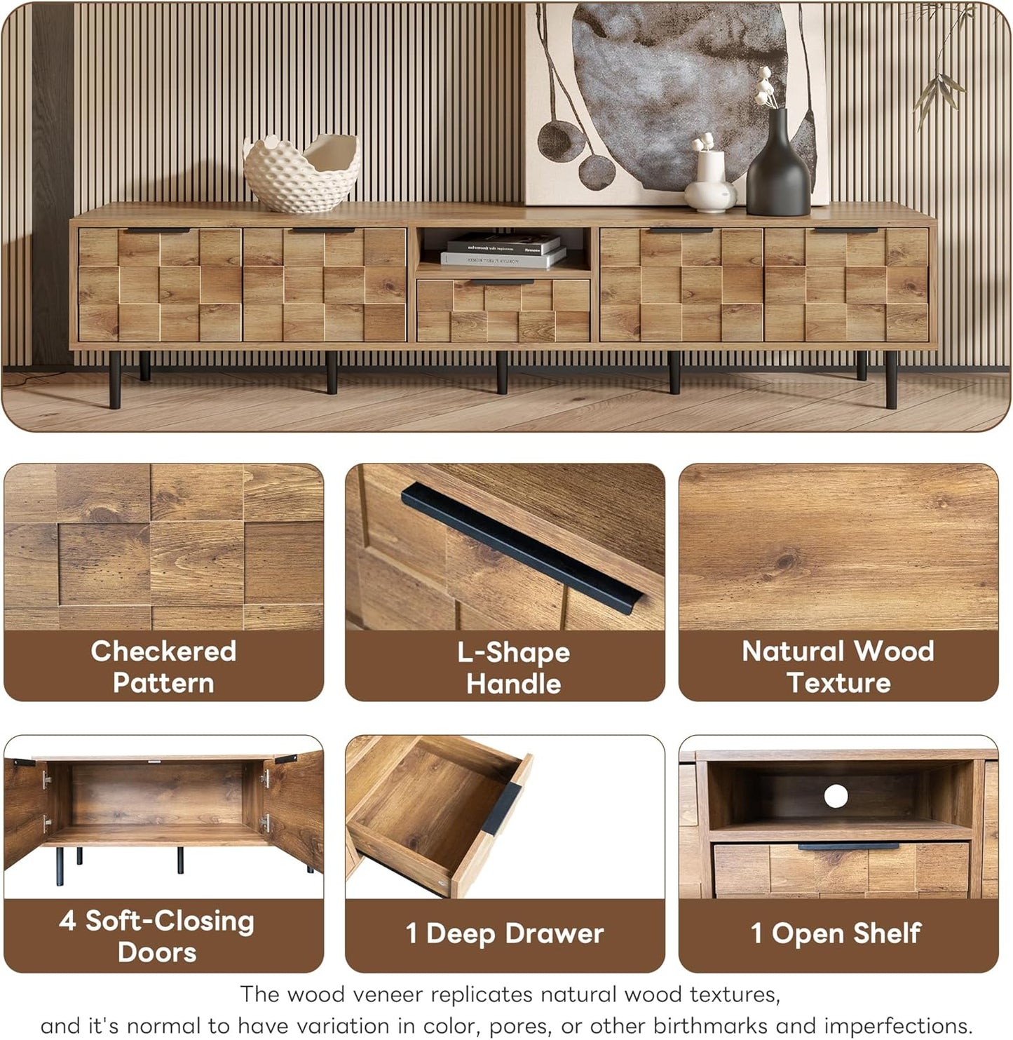 Modern TV Stand for TVs up to 85", Mid-Century Media Console with Checkered Cabinet Doors, Storage Drawers & Open Shelves, Wood Entertainment Center with Metal Legs