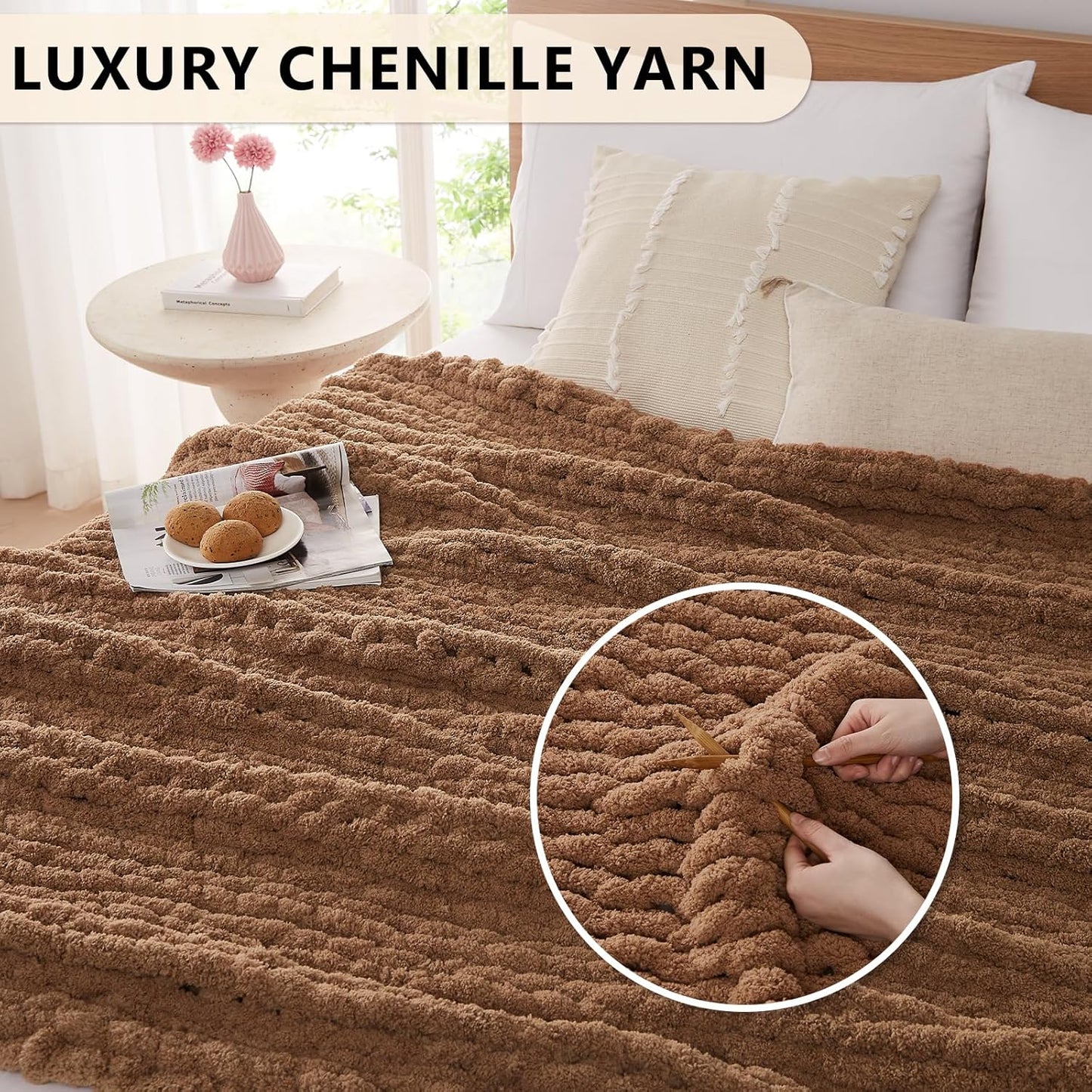L'AGRATY Chunky Knit Blanket Throw: 50''x60'' Chenille Chunky Knitted Throw Blanket for Bed Couch - Handmade Thick Big Cable Knit Blanket - Large Chunky Crochet Rope Blanket for Home Decor(Brown)