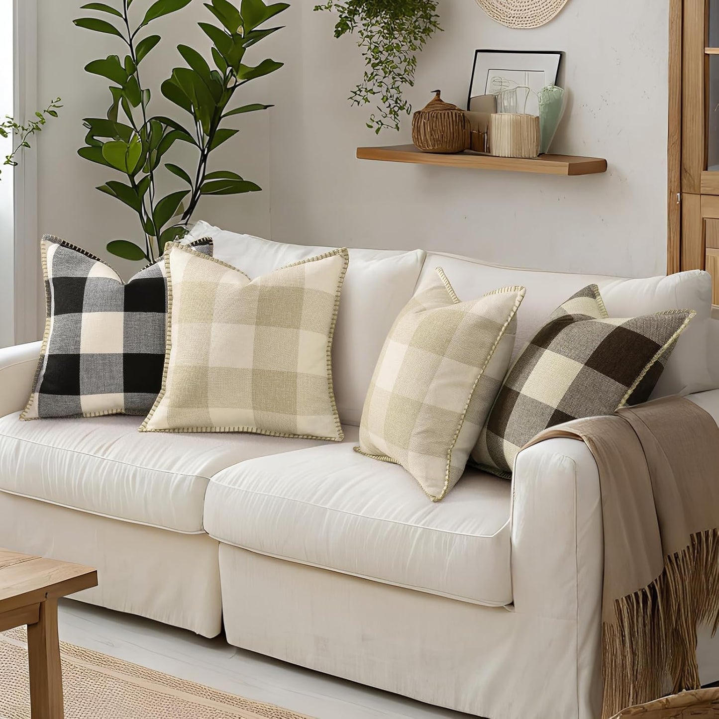 decorUhome Buffalo Plaid Check Throw Pillow Covers 16x16 Set of 2, Outdoor Decorative Farmhouse Neutral Pillow Covers with Stitched Edge for Bed Couch Sofa, Brown and Beige