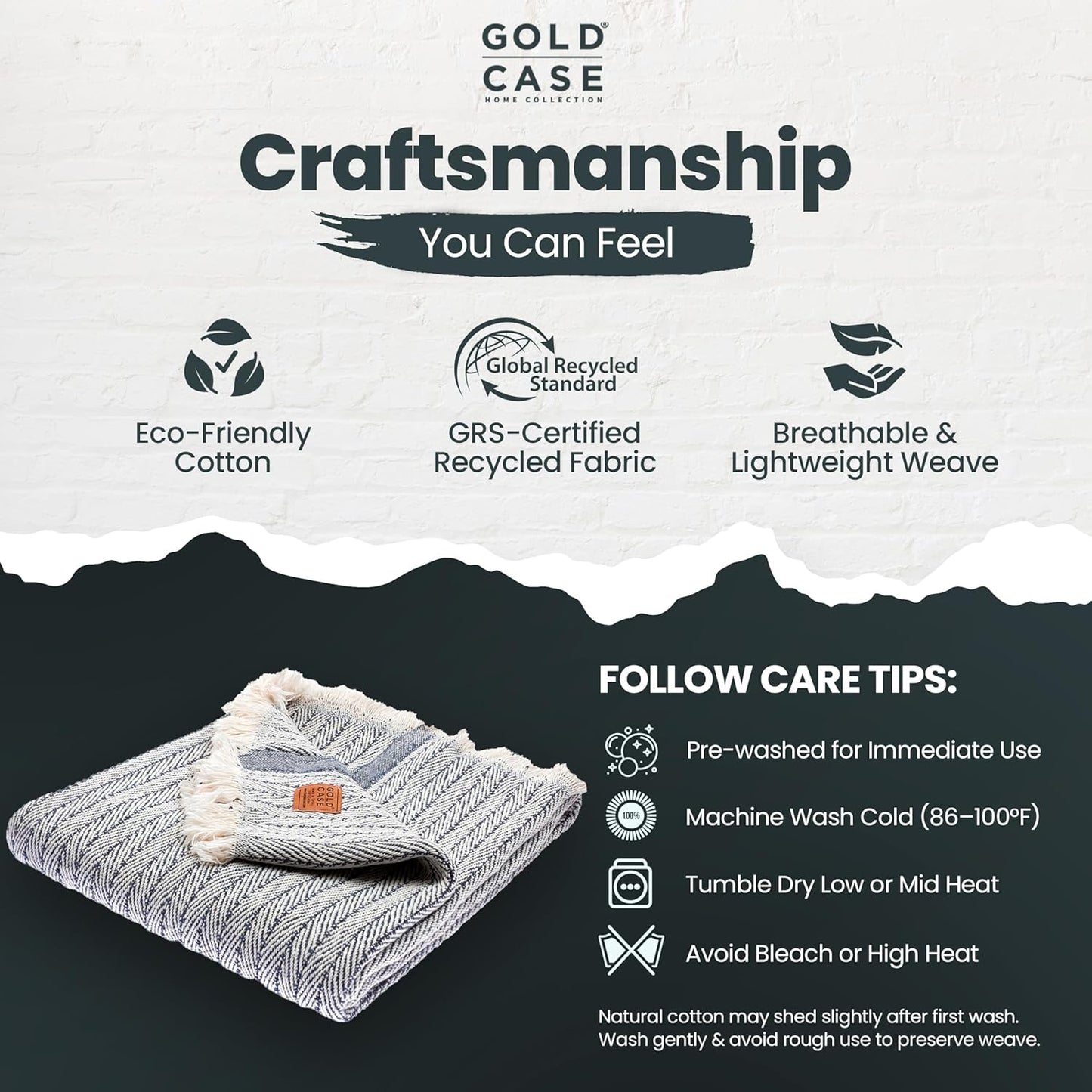 Gold Case Throw Blanket for Couch – 100% Recycled Turkish Cotton Blankets & Throws – Elegant Decorative Throw Blankets for Living Room Sofa – Woven Throws for Couch – Vintage Navy Blue – 50x60