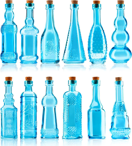 Small Blue Vintage Glass Bottles with Corks, Mini Vases, Decorative, Potion, Assorted Design Set of 12 pcs, 4.6 Inch Tall (11.43cm), 1.4 Inch Wide (3.56cm)