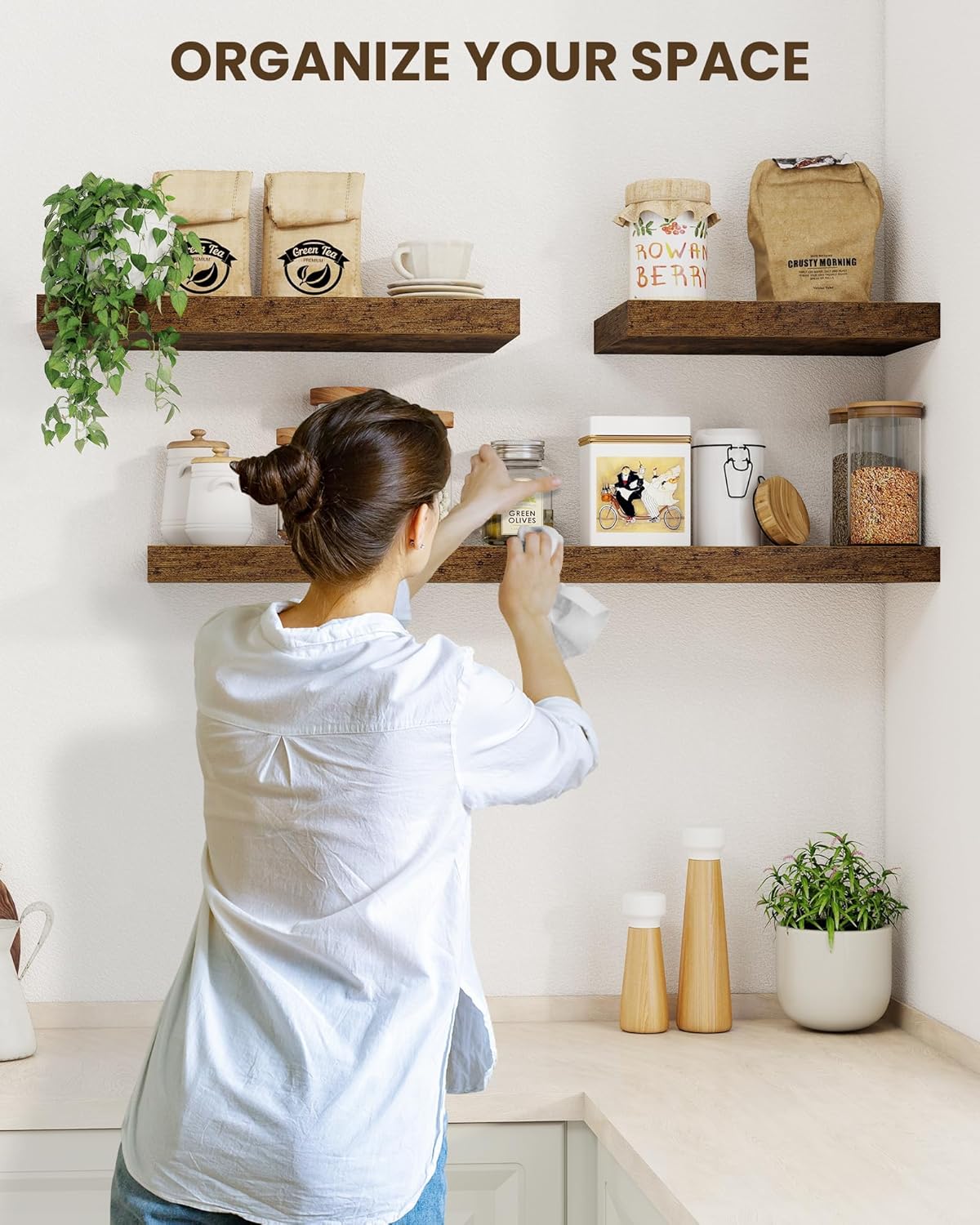 Marsmiles 6.7" Floating Shelves for Wall, Wooden Shelves with Invisible Brackets Set of 2, Rustic Farmhouse Wall Mounted Shelf for Kitchen Bathroom Living Room Study, Rustic Brown