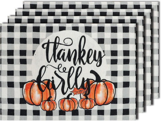 MANSPHIL Gingham Pumpkin Placemats Set of 4 for Thanksgiving Fall Theme Decor - Farmhouse Cotton Faux Linen Table Place Mats for Dining Kitchen Washable - 13x19 Inch