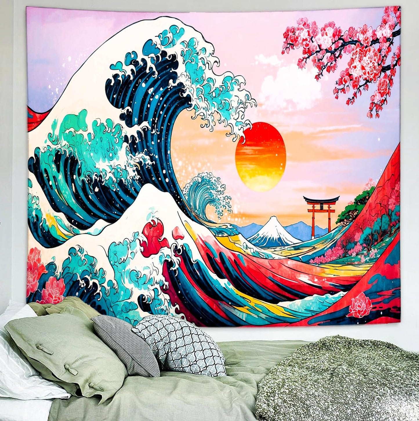 Delur Great Wave Tapestry Japanese Sunset Ocean Sea Wave Off Kanagawa Tapestry Wall Hanging Vintage Asian Anime Cherry Blossom Nature Headboard for Bedroom Living Room Home Decor (70.8" x 92.5")