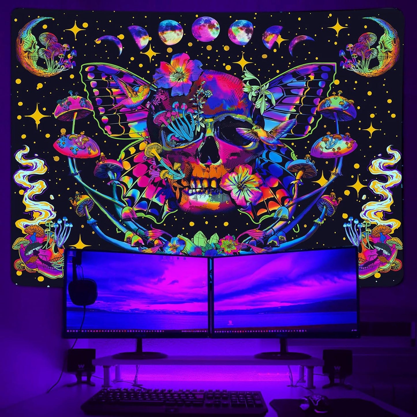 Xiaoput Blacklight Skull Tapestry for Bedroom & Living Room, UV Reactive Mushroom Butterfly & Moth Moon Flowers Tapestry, Hippie Skeleton Wall Hanging 90x70IN