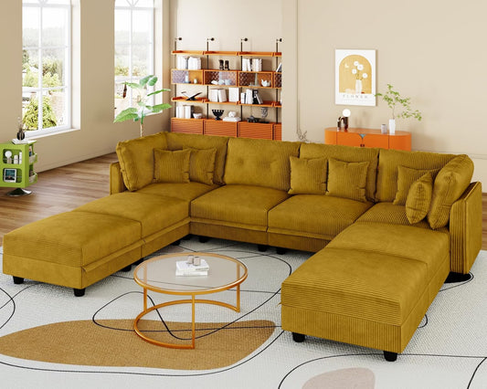 LLappuil Modular Sectional Sofa with Storage Seats, Corduroy Convertible Modular U Shaped Sectional Couch for Living Room, 8 Seat Oversized Sofa with 6 Back Cushion 6 Throw Pillow, Yellow