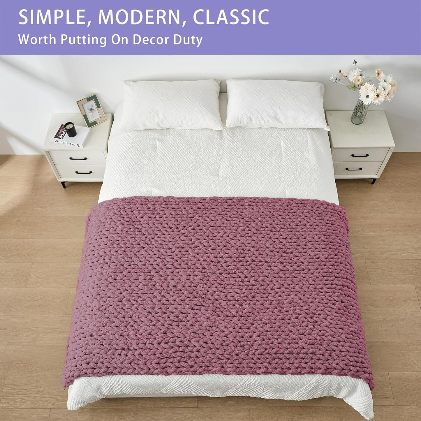 Bigacogo Chunky Knit Throw Blanket for Couch, 40x80 inches, 100% Hand Knitted with Thick Jumbo Chenille Yarn, Cozy Soft Large Rope Knot Cable Crochet Blankets for Sofa Bed Living Room, Burnt Rose