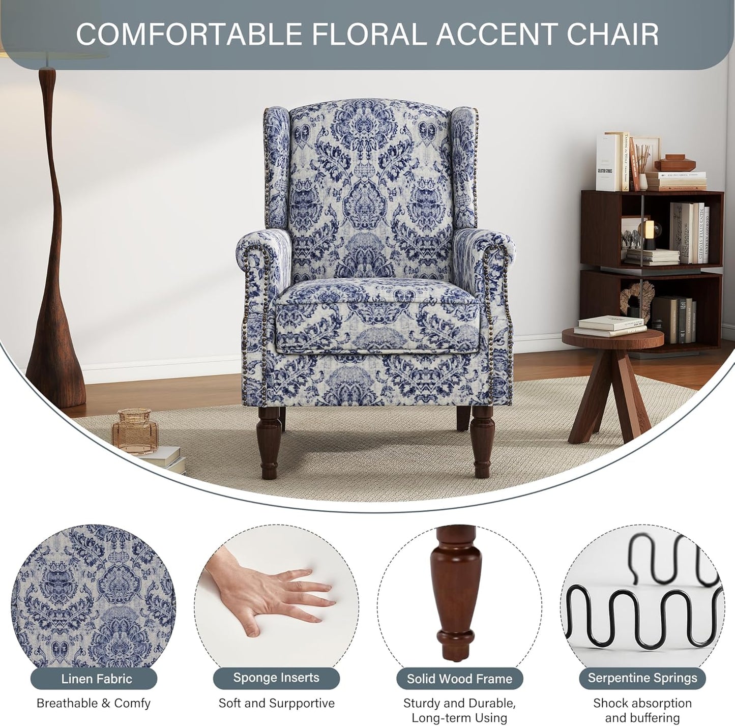 UIXE Floral Accent Chair, High Back Pattern Arm Chair for Living Room, Traditional Fabric Armchair Comfy Upholstered Sofa Reading Seat with Nailhead Trim & Retro Wood Legs - Navy