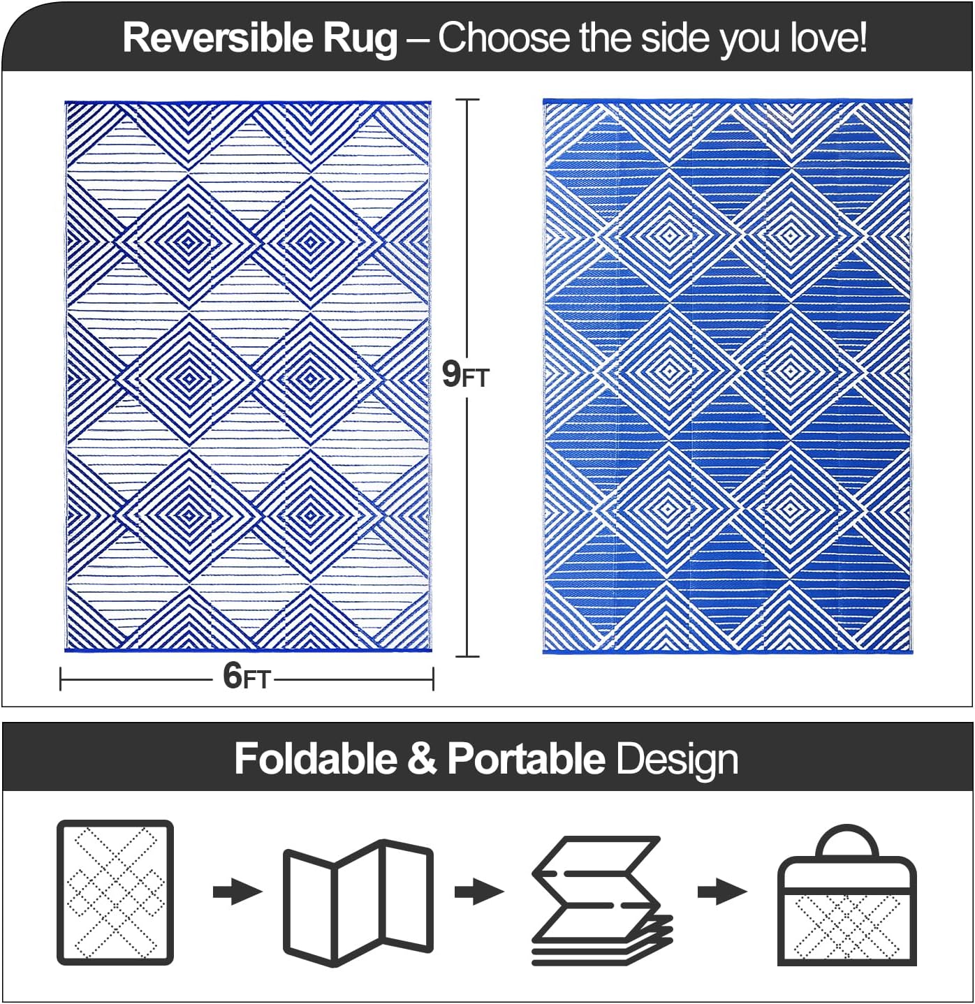 Waterproof Outdoor Rug 6x9ft, Foldable Reversible Plastic Straw Mat for Patio RV Deck Porch Backyard Balcony Camping Picnic Beach Indoor Outdoor Carpet, Blue&White