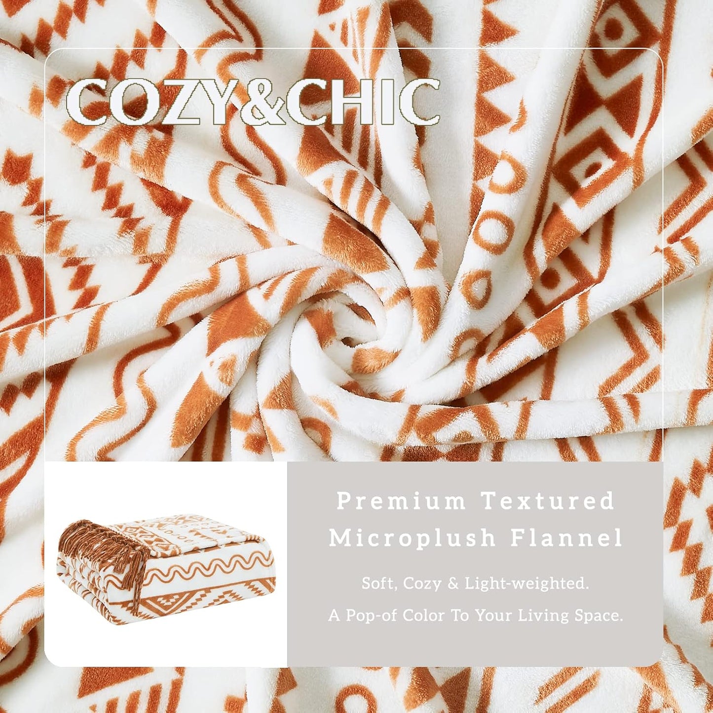 CASAAGUSTO Boho Throw Blanket - Terrcotta Decorative Blankets with Tassel, Printed Flannel Bohemian Blanket for Chair, Bed, Sofa, Couch(60 * 80, Terrcotta)