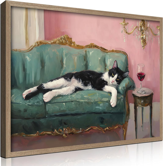 Wooden Framed Black And White Cat Wall Art Modern Style Canvas Print Lazy Persian Cat Poster Picture Decoration Painting Gallery Style Artwork Suitable For Living Room Bedroom Decoration 12x16 Inch