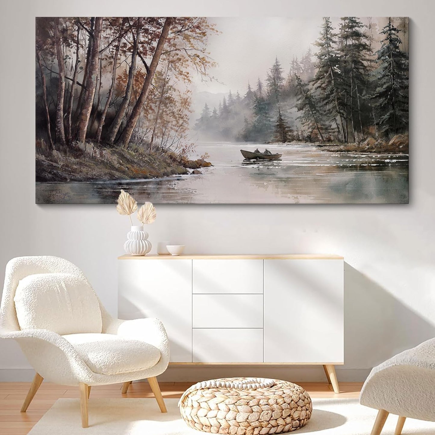 HGUAOA Mountain Canvas Wall Art Rustic Lake Landscape - Nature & Forest Scenery Paintings Pictures for Living Room & Bedroom Wall Decor Vintage Artwork for Walls