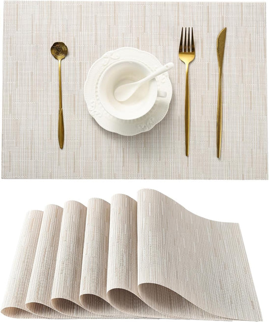 Leetaltree Pale Beige Placemats Set of 6 - Heat Resistant Non-Slip Place mats for Dining Table, Washable Durable PVC Vinyl Woven Table Mats（Pale Beige, 6）