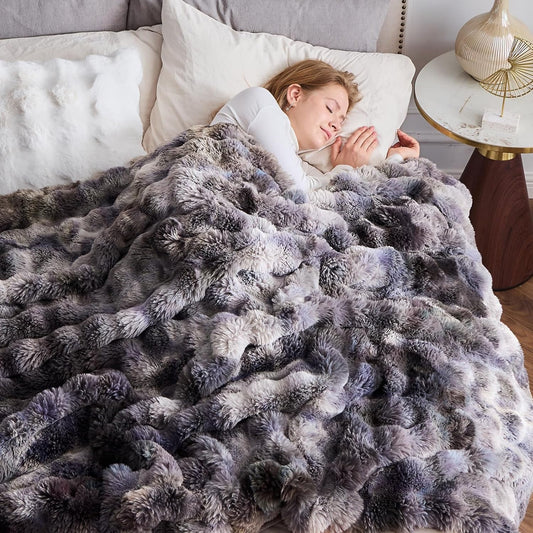 NEWCOSPLAY Faux Fur Twin Blanket Tie-dye Grey Luxury Fluffy Thick Warm Bubble Blanket for Couch Sofa Bed 700GSM (Tie-dye Grey, Twin(60"x80"))