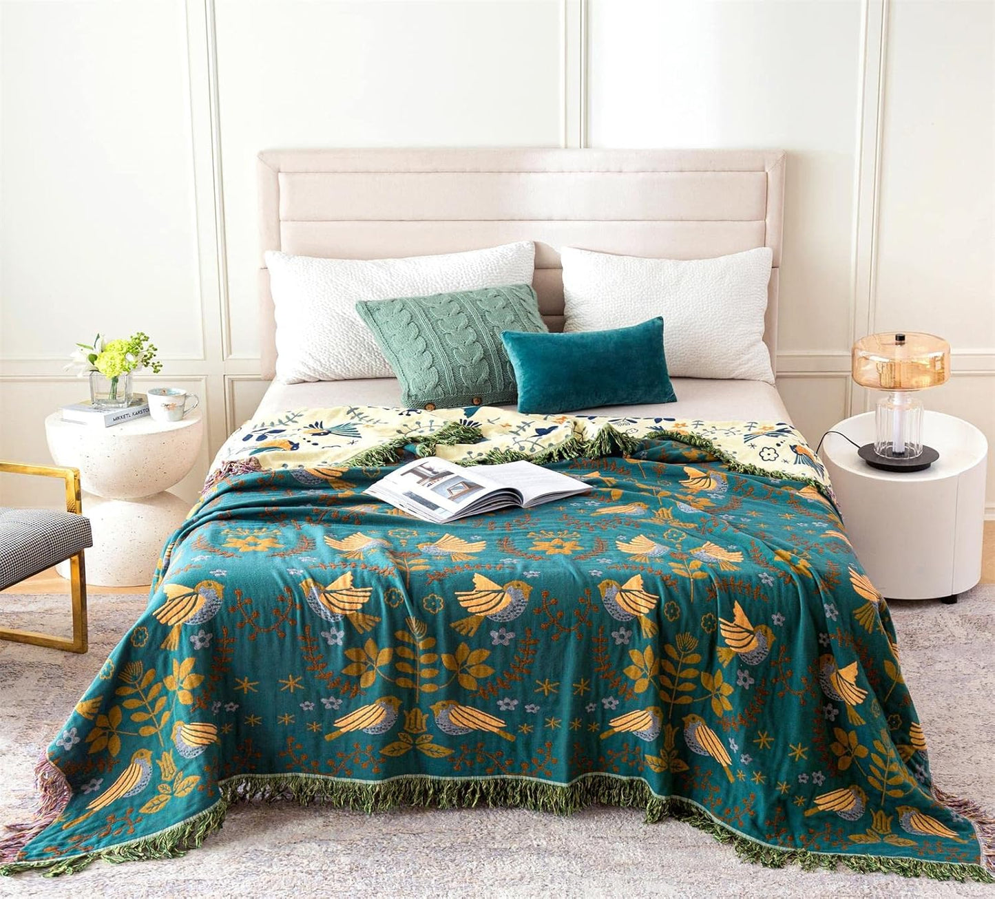 Summer Throw Blanket for Bed Couch 90''x 98'' Boho Throws 100% Cotton Muslin Travel Mexican Blanket Warm Soft Blankets Decorative Farmhouse Vintage Throws and Best Gifts