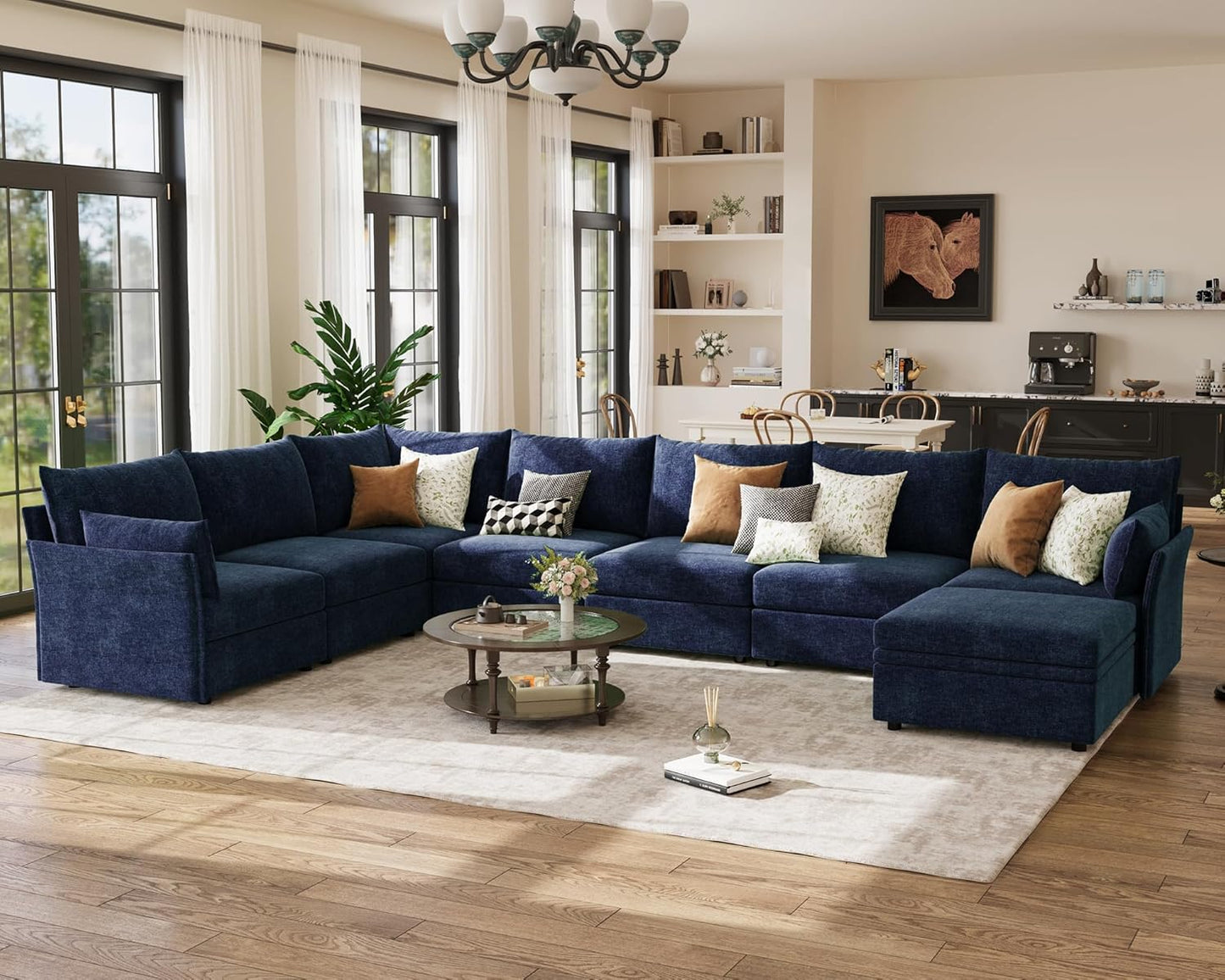 166.6" Oversized Modular Sectional Sofa, U Shaped Convertible Couch with Movable Ottoman, Large 8 Seat Corner Couches for Living Room Deep Seat Blue Chenille