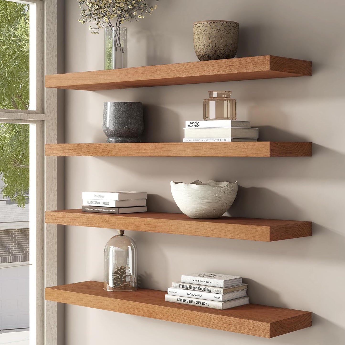 Floating Shelves for Wall, USA-Sourced Cherry Wood 24 Inch Wall Shelves Set of 2, Natural Wooden Wall Mounted Picture Ledge Shelf, Nursery Book Storage Shelf Kids Bookshelf, Display Shelf for Bathroom