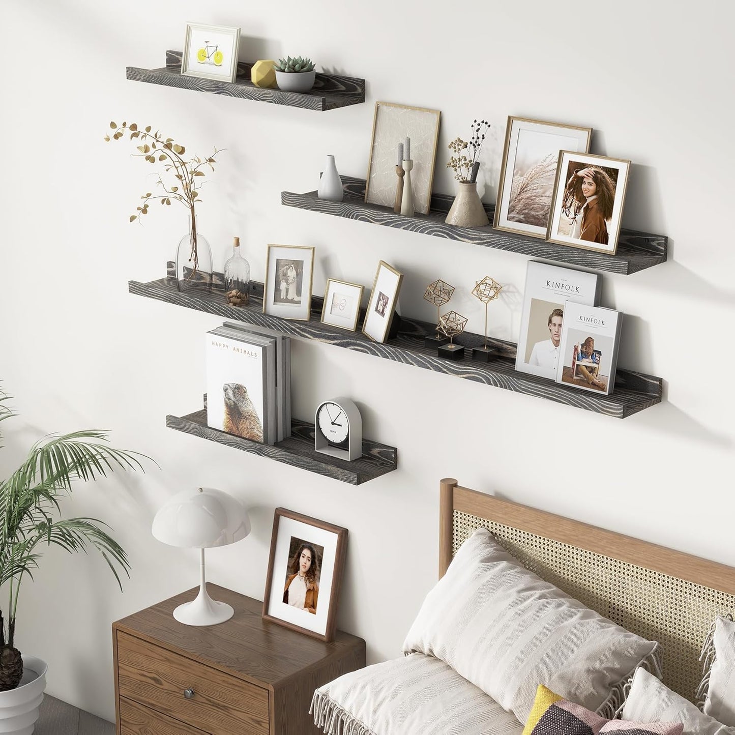 Picture Ledge Wall Shelves 48 Inches Width Set of 3, Solid Pine Wood Rustic Floating Ledge for Kids' Room Bedroom Kitchen Bathroom, Long Floating Shelves for Wall Decor, Grey