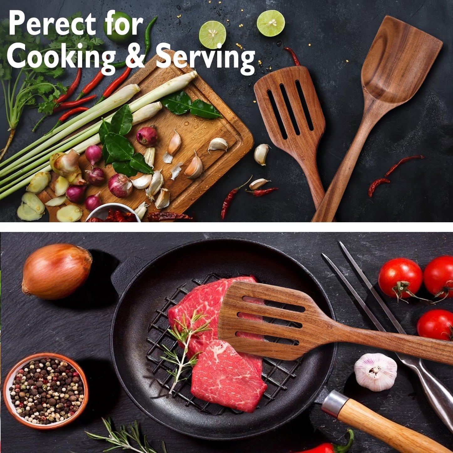 Wooden Spatulas for Cooking Non-Stick Kitchen Pan Toolset 2 PCS Set, Natural Teak Kitchen Utensils,Smooth Finish Utensils Fried Spatula,Turner Non-Stick Wooden Cooking Utensils