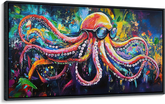 JEAWA Large Framed Wall Art - Funny Octopus Wearing Sunglasses Modern Street Graffiti Texture Wall Painting for Living Room Bedroom Teenage Boy Room Game Room Cool Posters Decor 24x48 IN