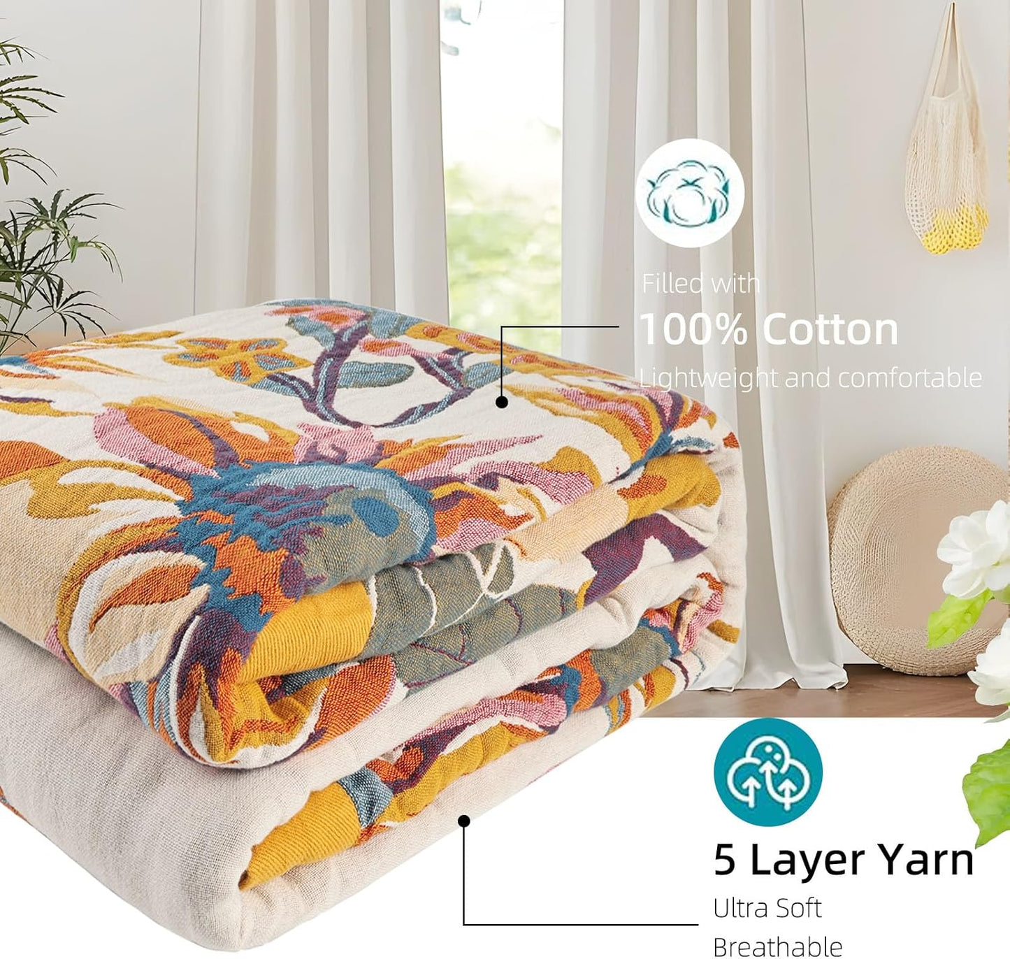 Boho Throw Blanket for Bed - 100% Pure Organic Cotton Ultra Soft Rustic Quilt - Farmhouse Decor Bed Blankets, All Season Rustic Throw for Sofa Couch Chair(91''x 98'', Floral)