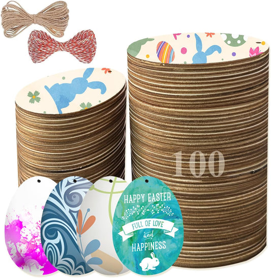 FCECOR 100PCS 4" Wooden Eggs for Crafts, Wooden Easter Eggs to Paint Wood Easter Eggs Slices DIY Crafts for Kids, Unfinished Wooden Ornaments Easter Wood Cutouts for Spring Easter Crafts, Party Decor