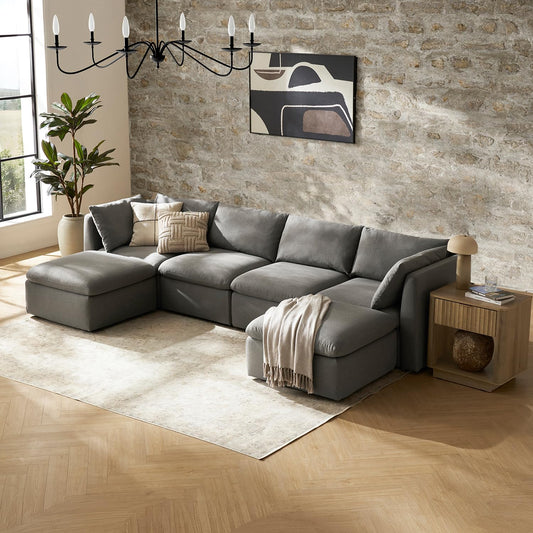 mopio Oversized Modular Sectional Sofa with Fully Removable Covers and Storage, Convertible U, L-Shaped and Sleeper Sectional, Modern Couches with Ottoman Chaise (Stone Gray Fabric, 6 Seats, U)