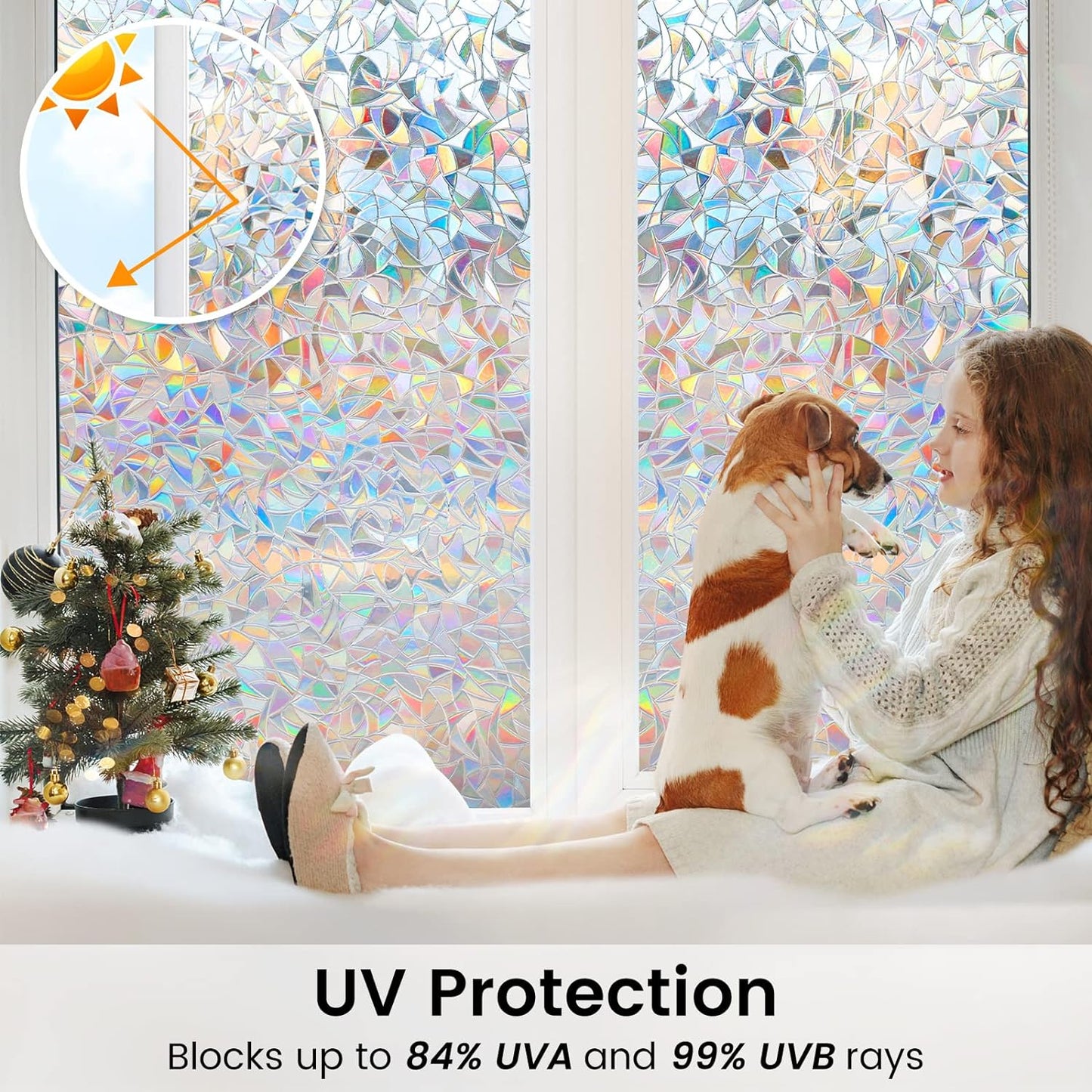 DOWELL Window Privacy Film, Rainbow Window Film, Decorative Stained Glass Clings, Static Cling Door Sticker, Non-Adhesive 3D Decals for Home UV Protection, 35.4 x 78.5 inches