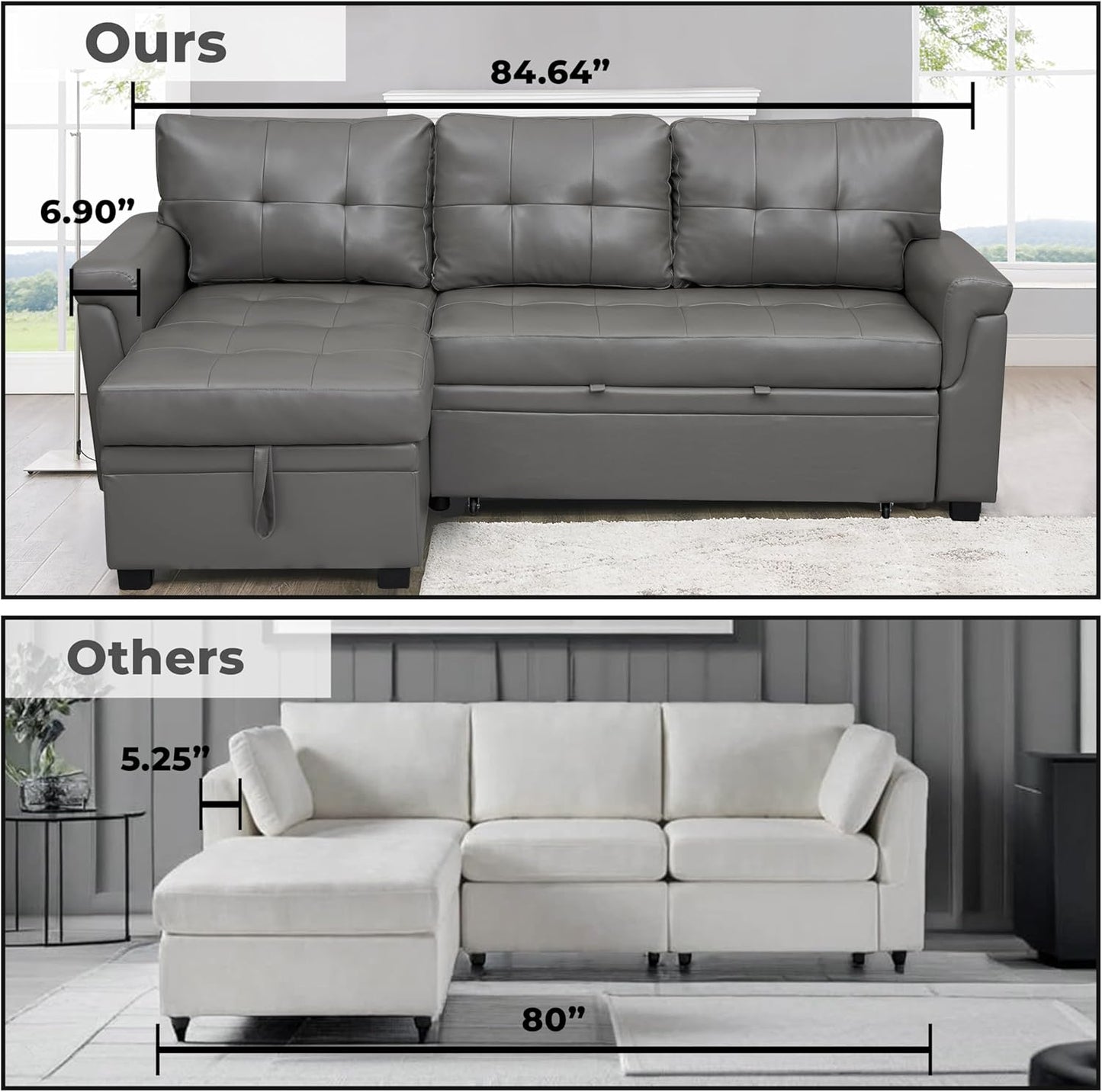 Naomi Home L-Shaped Reversible Sectional Sofa with Pull-Out Sleeper Bed and Storage Chaise, Gray Air Leather