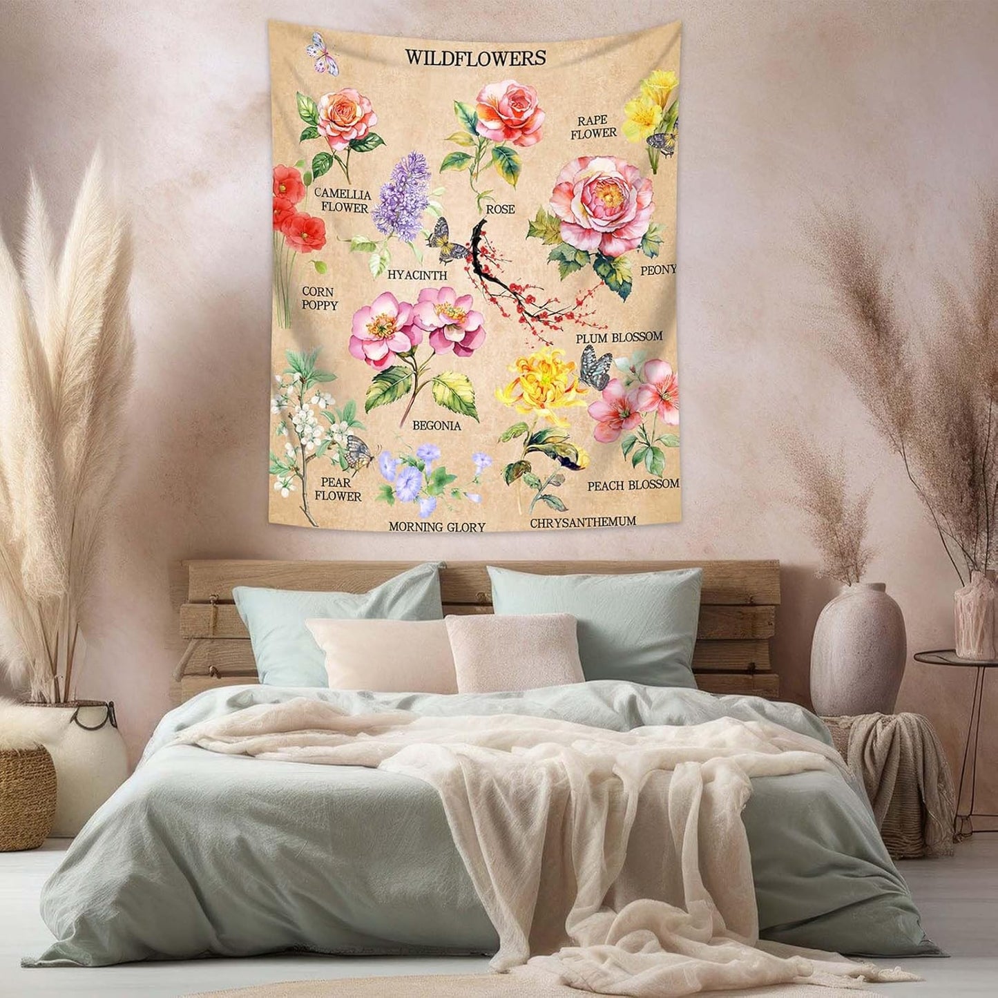 dueeia Vintage Floral Tapestry Wall Hanging Wildflowers Colourful Flower Boho Butterfly Tapestries for Bedroom Aesthetic Living Room Wall Decor (90.6"x70.9")